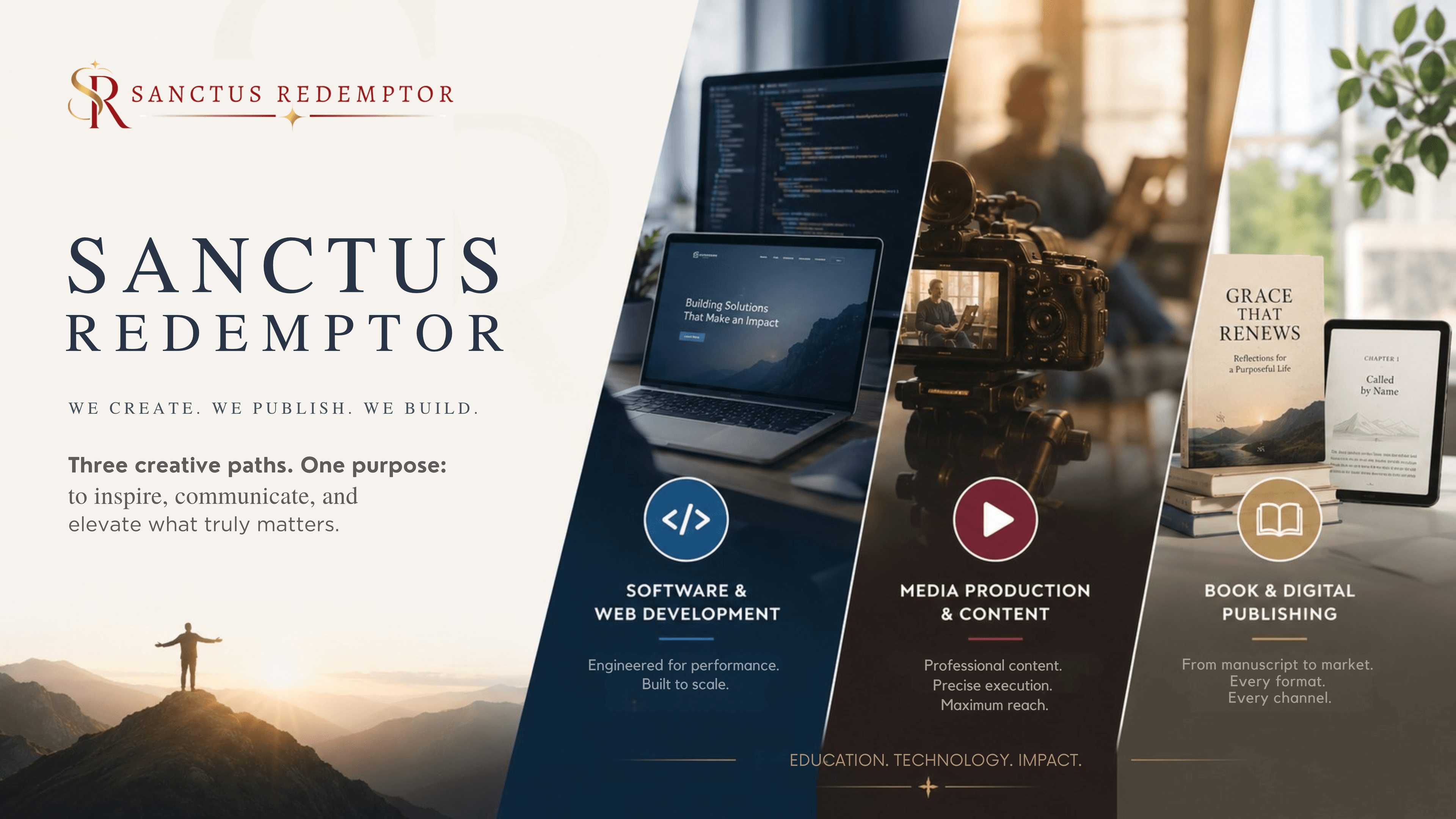 Sanctus Redemptor service banner — software and web development, media production and content, and book and digital publishing